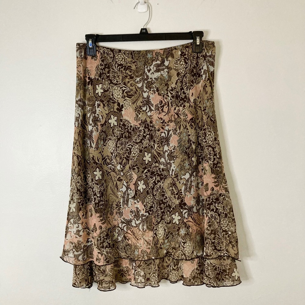 Y2K Briggs New York Brown Pink Floral Paisley Mesh Layered Midi Skirt Ruffle L